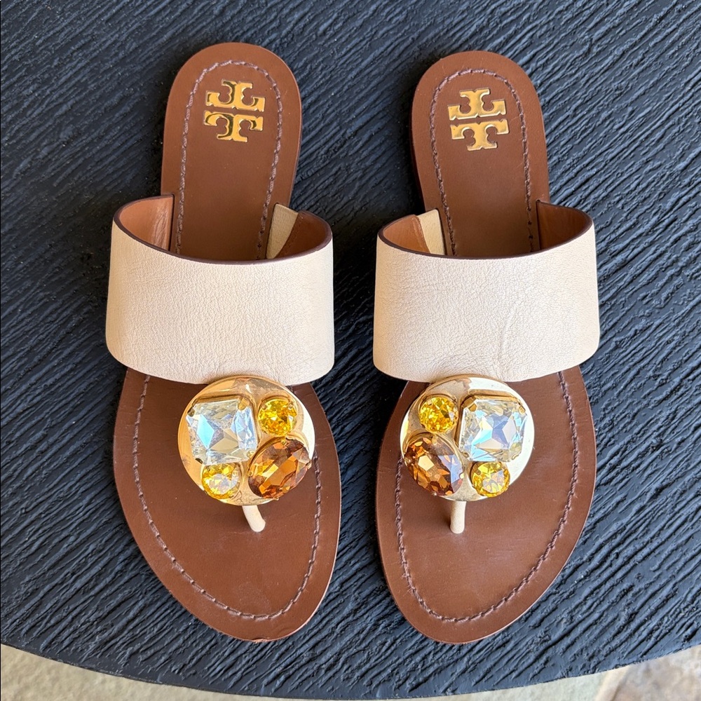 Tory Burch Tan and Gold Embellished Sandals - Picture 5 of 10